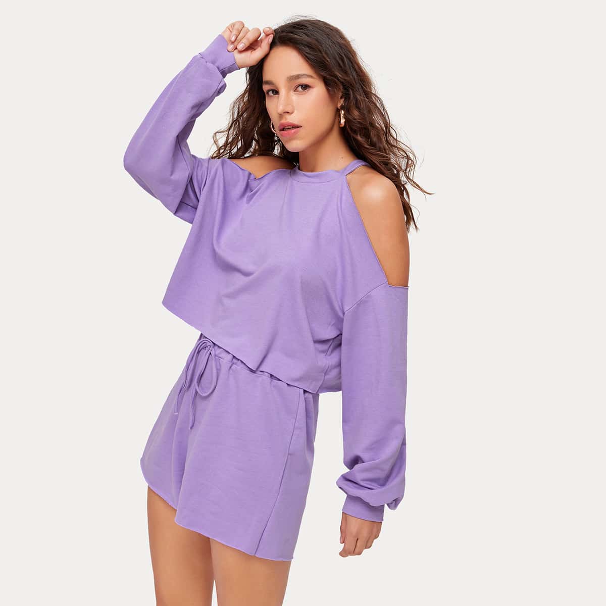 

Cold Shoulder Solid Top & Knot Waist Shorts Set, Lilac purple