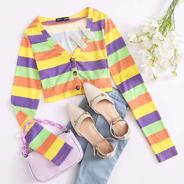 

Button Front Colorful Striped Crop Tee, Multicolor
