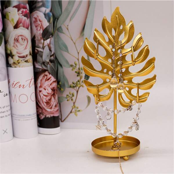 

1pc Leaf Design Jewelry Display Rack, Gold