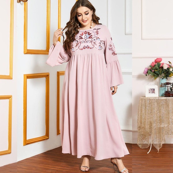 

Plus Floral Embroidery Flounce Sleeve Smock Dress, Pink