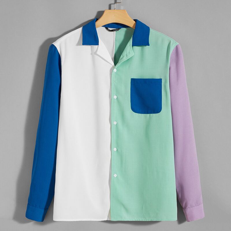 

Guys Patch Pocket Button Front Colorblock Shirt, Multicolor
