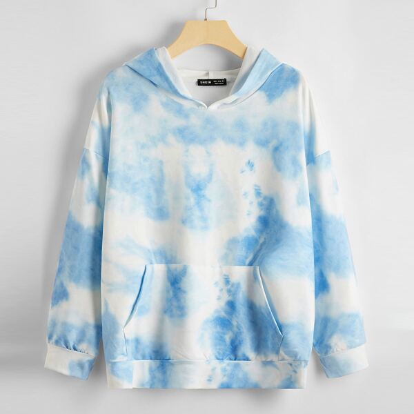 

Plus Pouch Pocket Tie Dye Hoodie, Blue and white