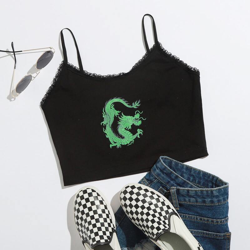 

Dragon Graphic Lace Trim Cami, Black