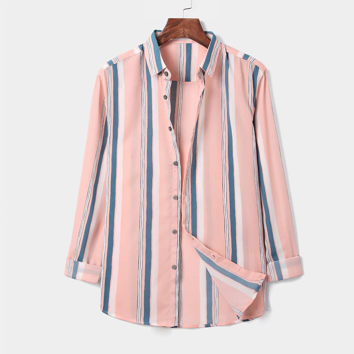 

Men Vertical Striped Button Up Shirt, Baby pink