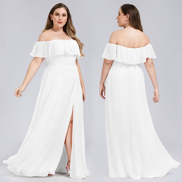 

Plus Split Thigh Ruffle Trim Bardot Prom Dress, White