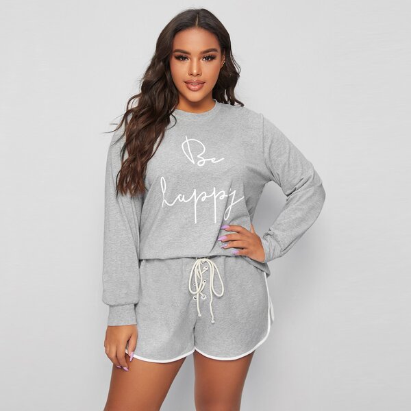 

Plus Letter Graphic Top & Eyelet Lace Up Knot Short PJ Set, Grey