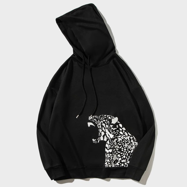 

Men Cheetah Print Hooded Sweatshirt, Black