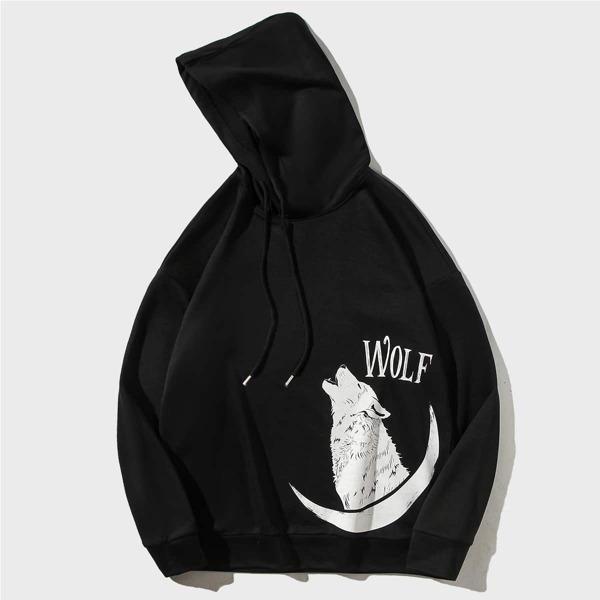 

Men Wolf And Moon Print Hooded Sweatshirt, Black