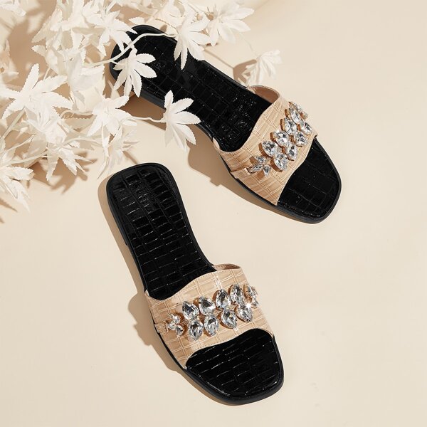 

Rhinestone Decor Croc Embossed Slide Sandals, Yellow