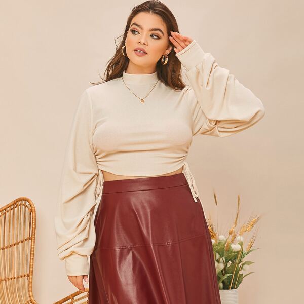 

Plus Mock-neck Lantern Sleeve Drawstring Side Crop Top, Apricot
