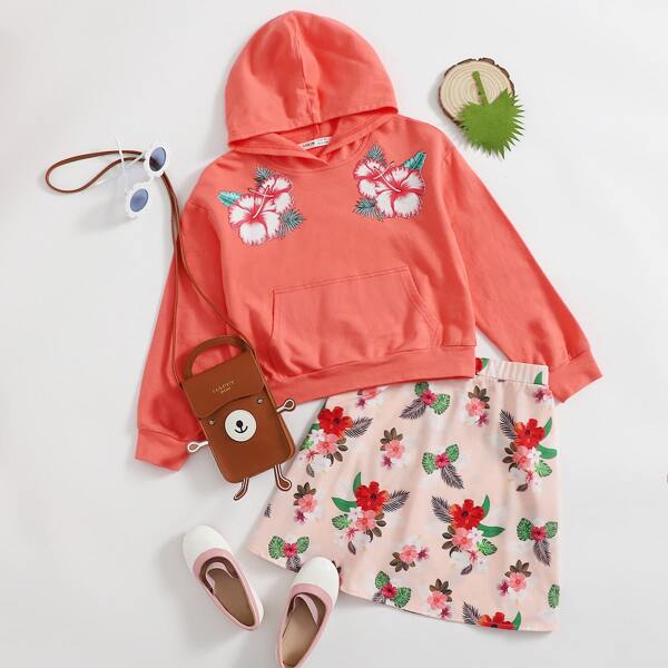 

Girls Pouch Pocket Hoodie & Tropical Print Skirt Set, Multicolor