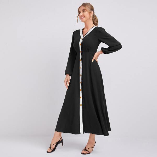 

Colorblock Button Front A-line Dress, Black