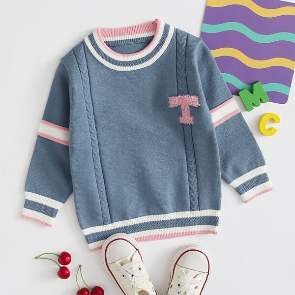 

Baby Girl Striped And Letter Pattern Sweater, Dusty blue