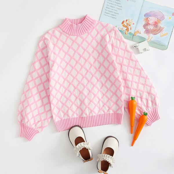 

Girls Stand Collar Argyle Sweater, Pink