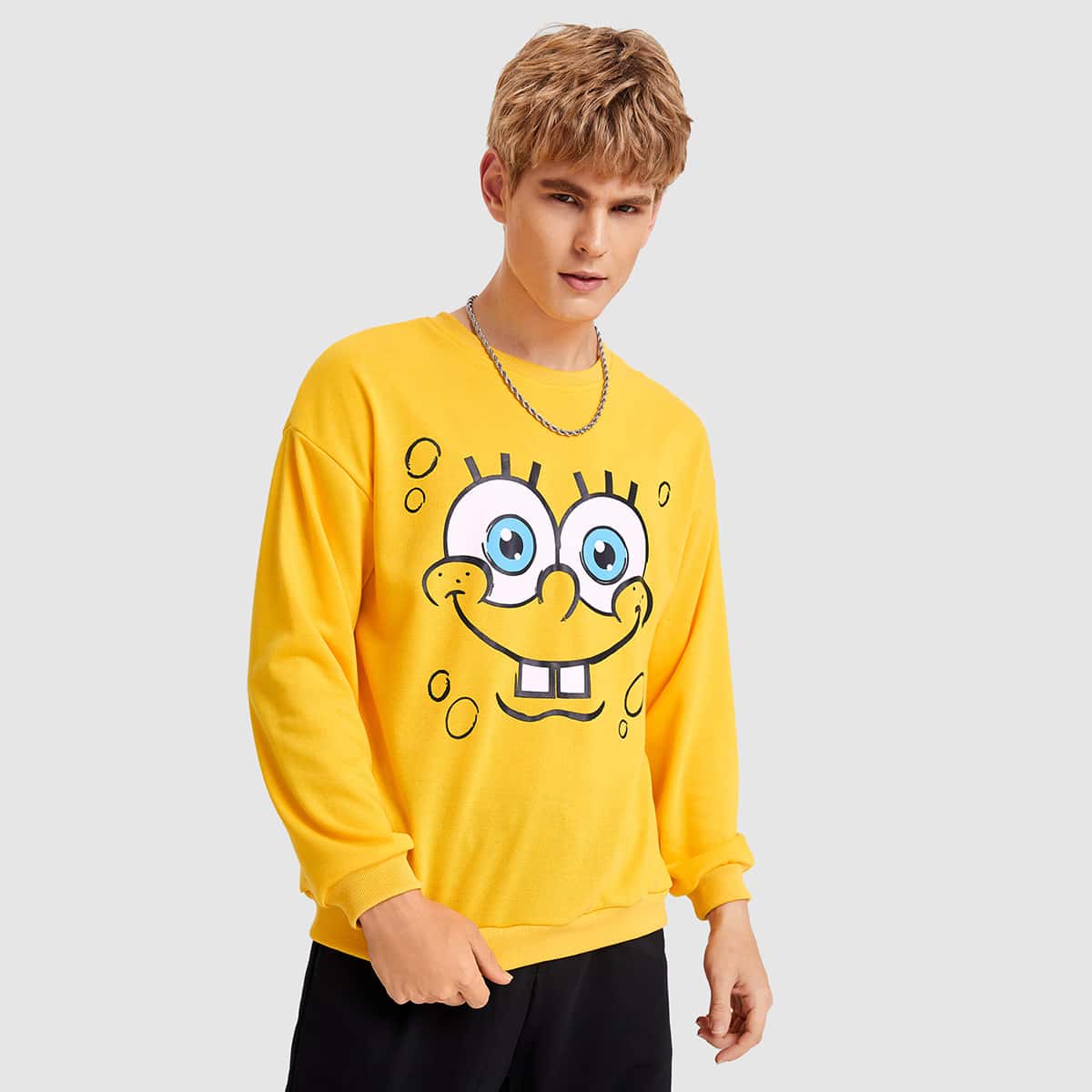 

ROMWE X SpongeBob Guys Drop Shoulder Sweatshirt, Yellow