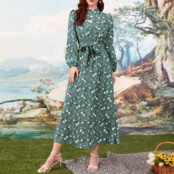 

Floral Print Puff Sleeve Mock Neck Belted Dress, Green