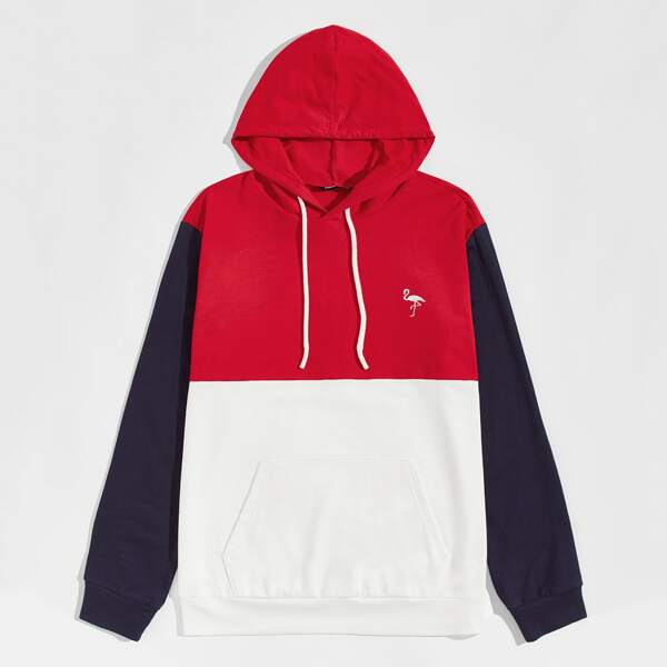 

Men Embroidery Flamingo Colorblock Drawstring Hoodie, Multicolor