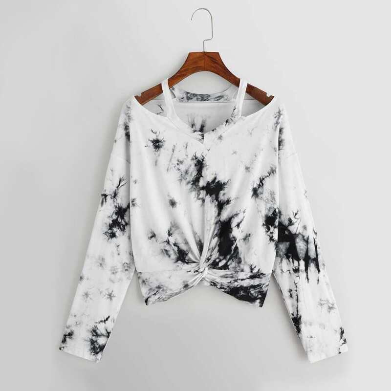 

Tie-Dye Wash Twist-Front Tee, Black and white