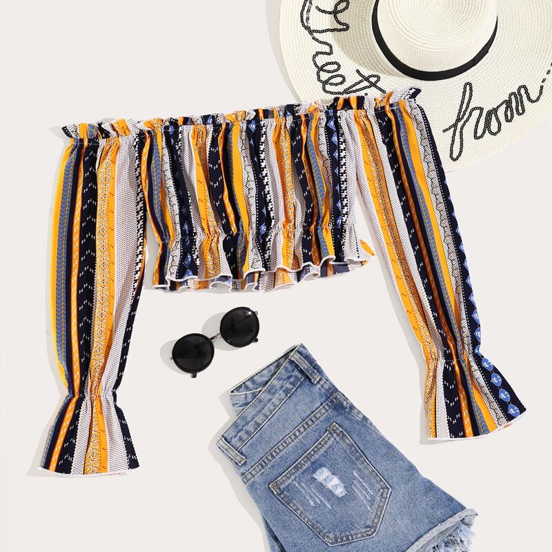 

Bardot Frill Trim Striped Crop Peplum Top, Multicolor