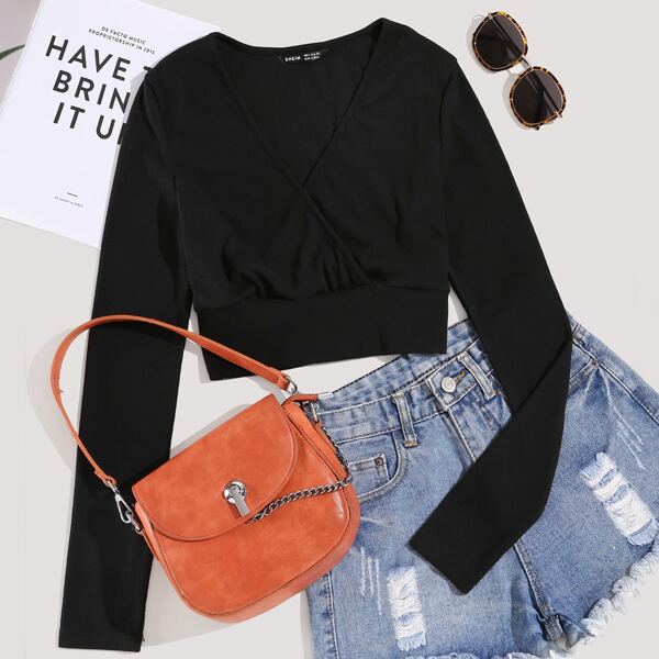 

Ribbed Surplice Front Crop Tee, Black