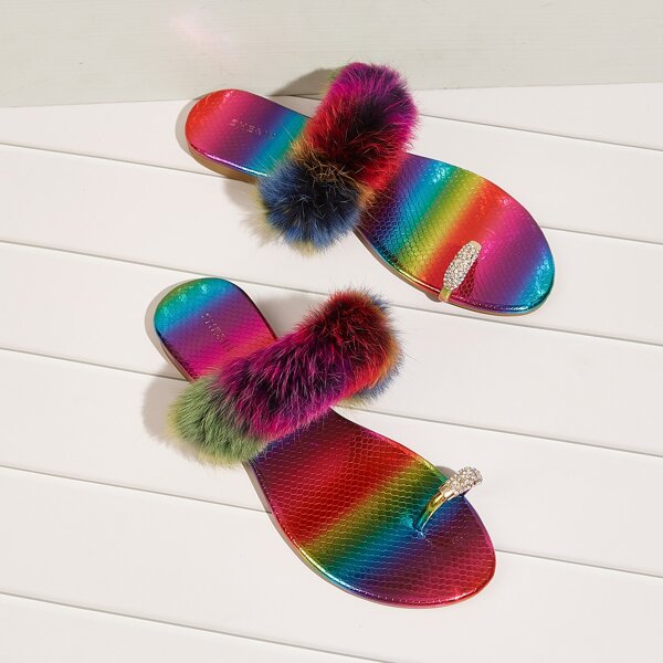 

Toe Loop Faux Fur Slide Sandals, Multicolor