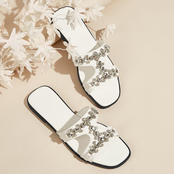 

Rhinestone Decor Slide Sandals, White