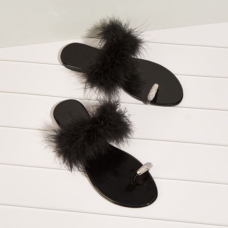

Toe Loop Faux Fur Slide Sandals, Black