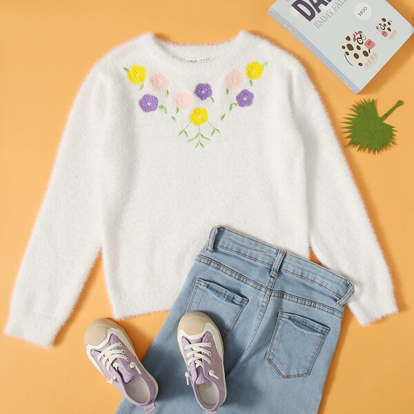 

Girls Floral Embroidery Fuzzy Sweater, White