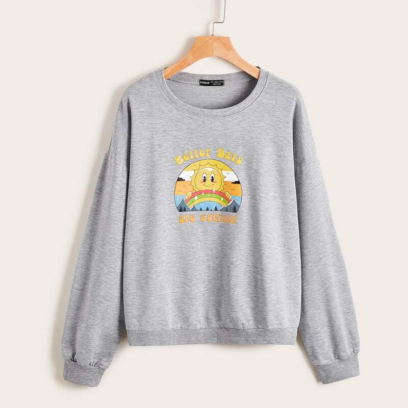 

ROMWE X Vincenttrinidadart Letter & Cartoon Graphic Sweatshirt, Light grey