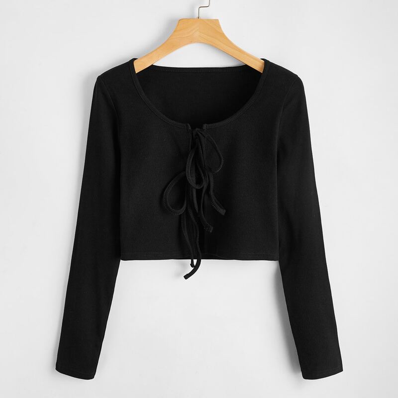 

Tie Front Ribbed Top, Black