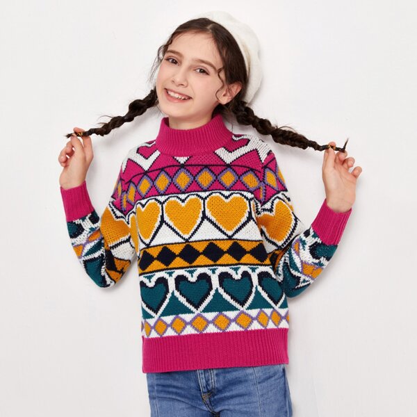 

Girls Turtleneck Argyle & Heart Pattern Sweater, Multicolor