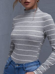 SHEIN Essnce 小高領羅紋針織條紋T恤 - 灰色 - 查看 4