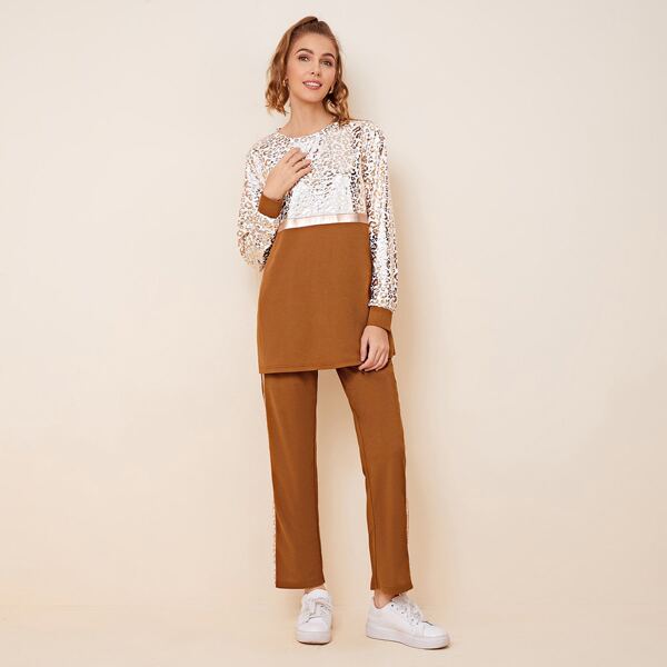 

Leopard Panel Colorblock Top & Striped Side Pants Set, Brown