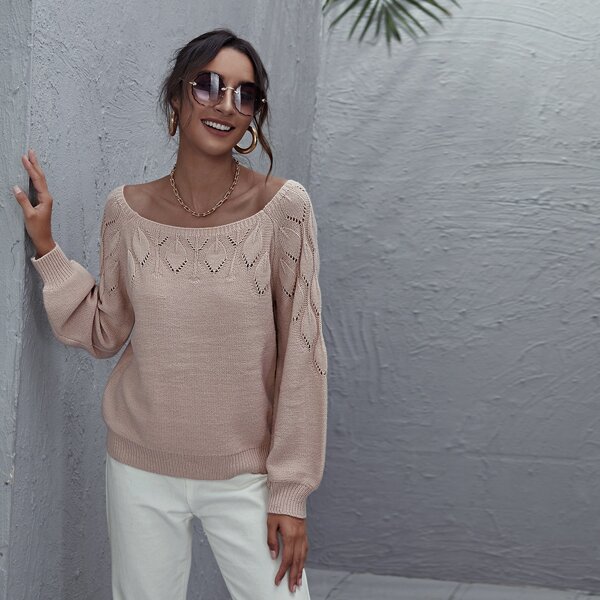 

Scoop Neck Pointelle Knit Sweater, Dusty pink