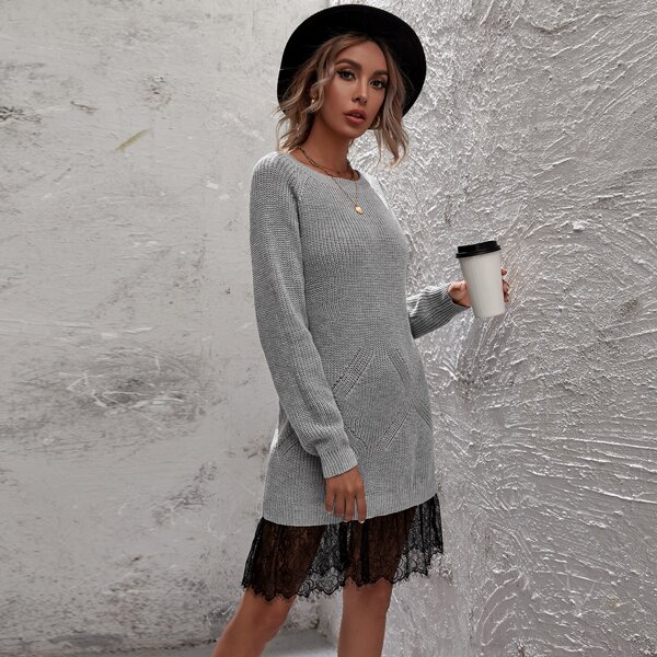 

Lace Panel Raglan Sleeve Sweater Dress, Grey