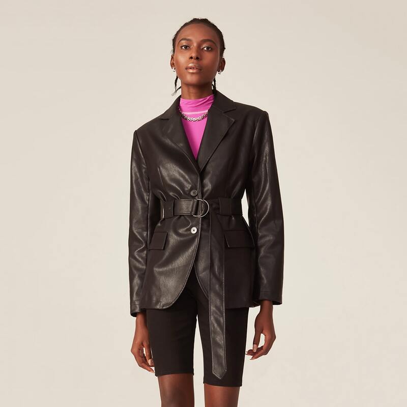 

PU LEATHER D-RING BELTED BLAZER, Black