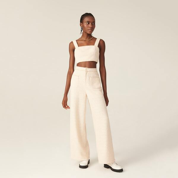

TWEED POCKET FRONT WIDE LEG PANTS, Baby pink