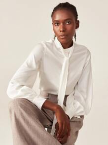 SHEIN Satin Tie Neck Blouse - White - View 3