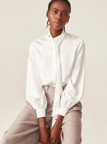 SHEIN Satin Tie Neck Blouse - White - View 8