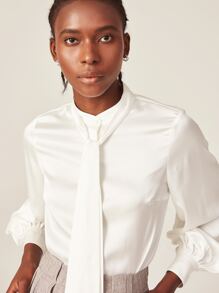 SHEIN Satin Tie Neck Blouse - White - View 9