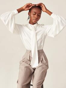 SHEIN Satin Tie Neck Blouse - White - View 1