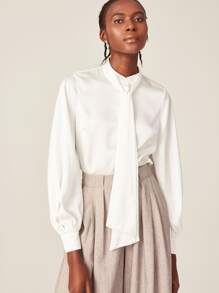 SHEIN Satin Tie Neck Blouse - White - View 10