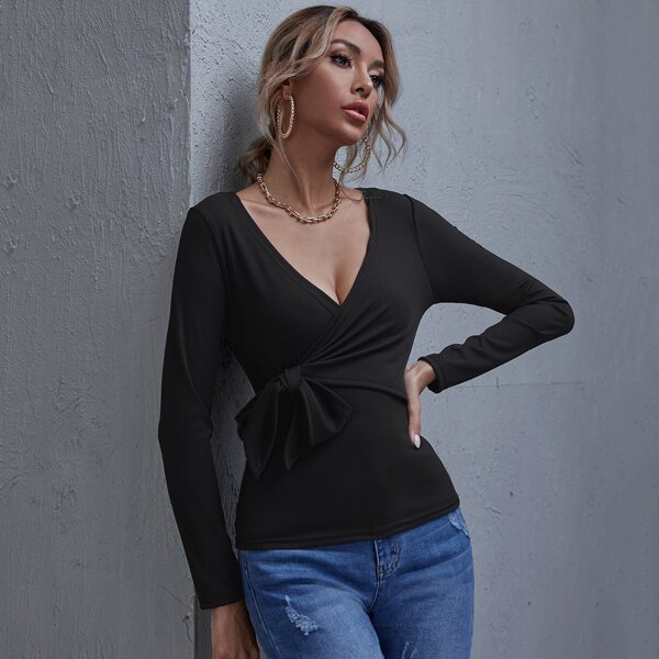 

Wrap Tie Front Top, Black
