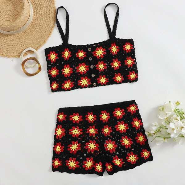 

Button Front Knit Top & Shorts Set, Black