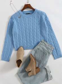 SHEIN Unity Drop Shoulder Cable Knit Crop Jumper - Blue - View 1