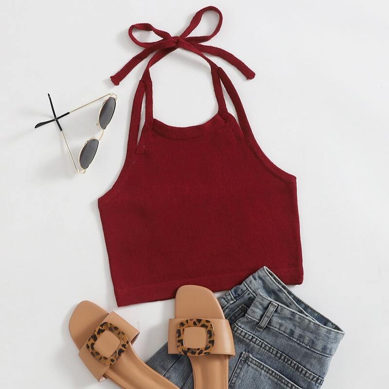 

Double Strap Halterneck Tie Back Knit Top, Burgundy
