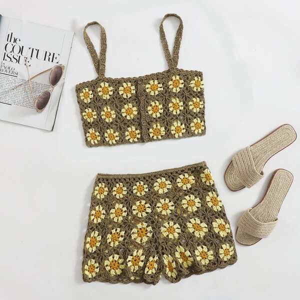 

Button Front Knit Top & Shorts Set, Army green