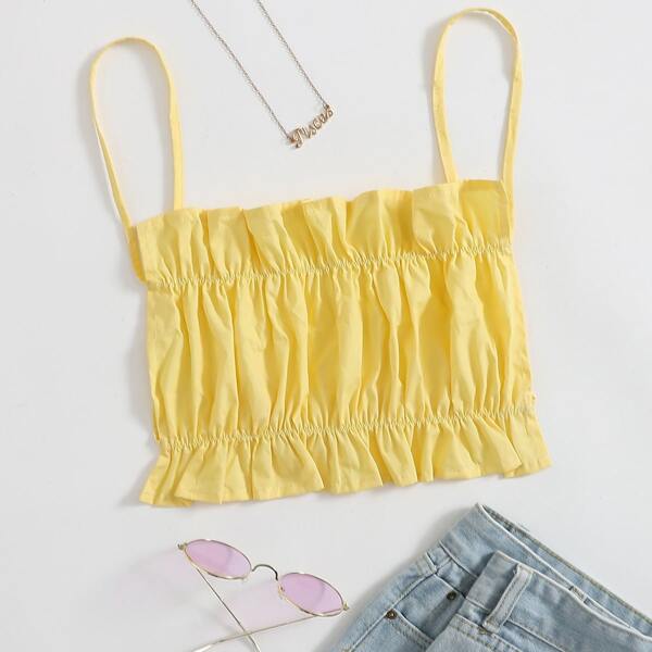 

Ruffle Trim Ruched Tied Backless Cami Top, Yellow