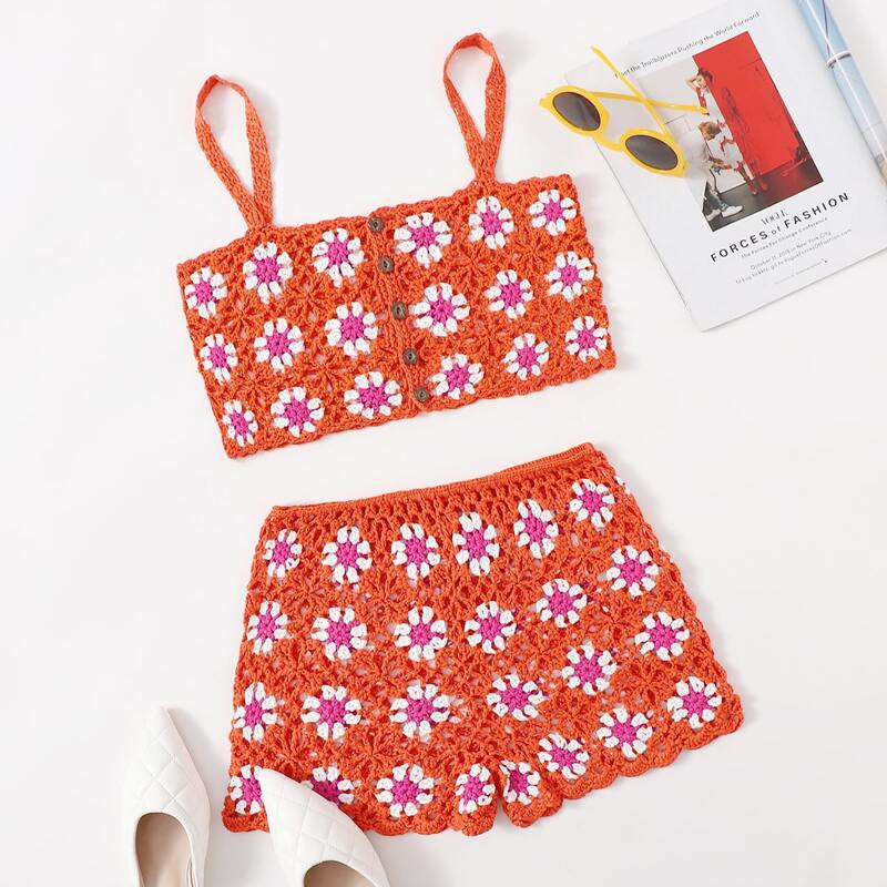 

Button Front Knit Top & Shorts Set, Orange