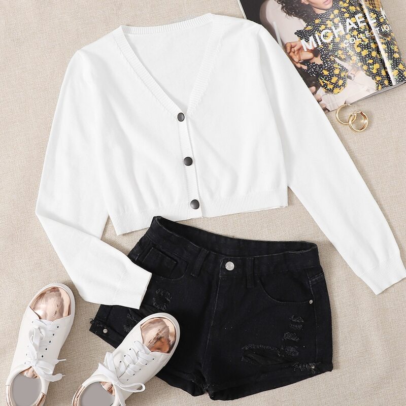 

Button Front Solid Crop Cardigan, White